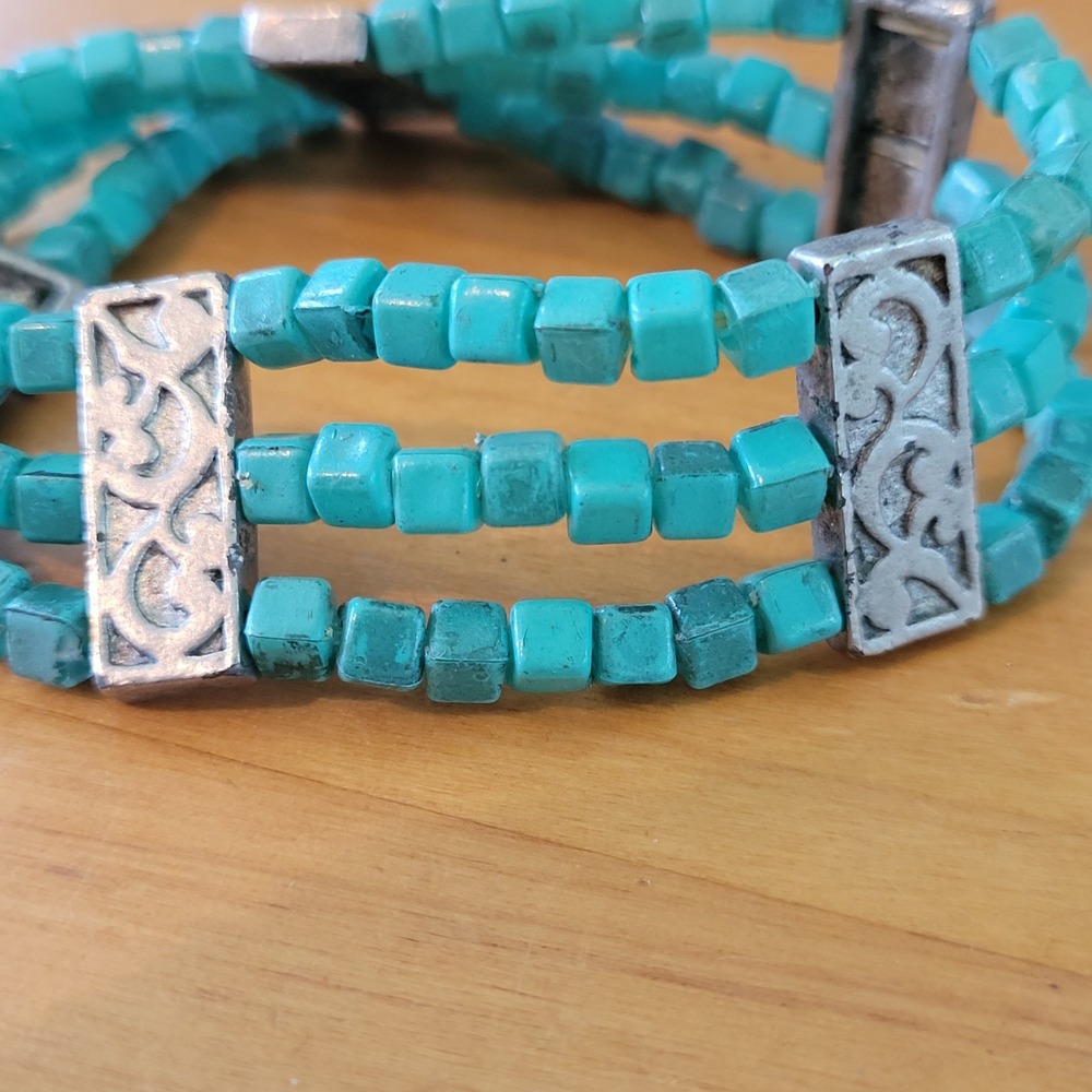 Vintage Tibetan Style Turquoise Bead 3 Strand Silver Tone Bracelet Boho